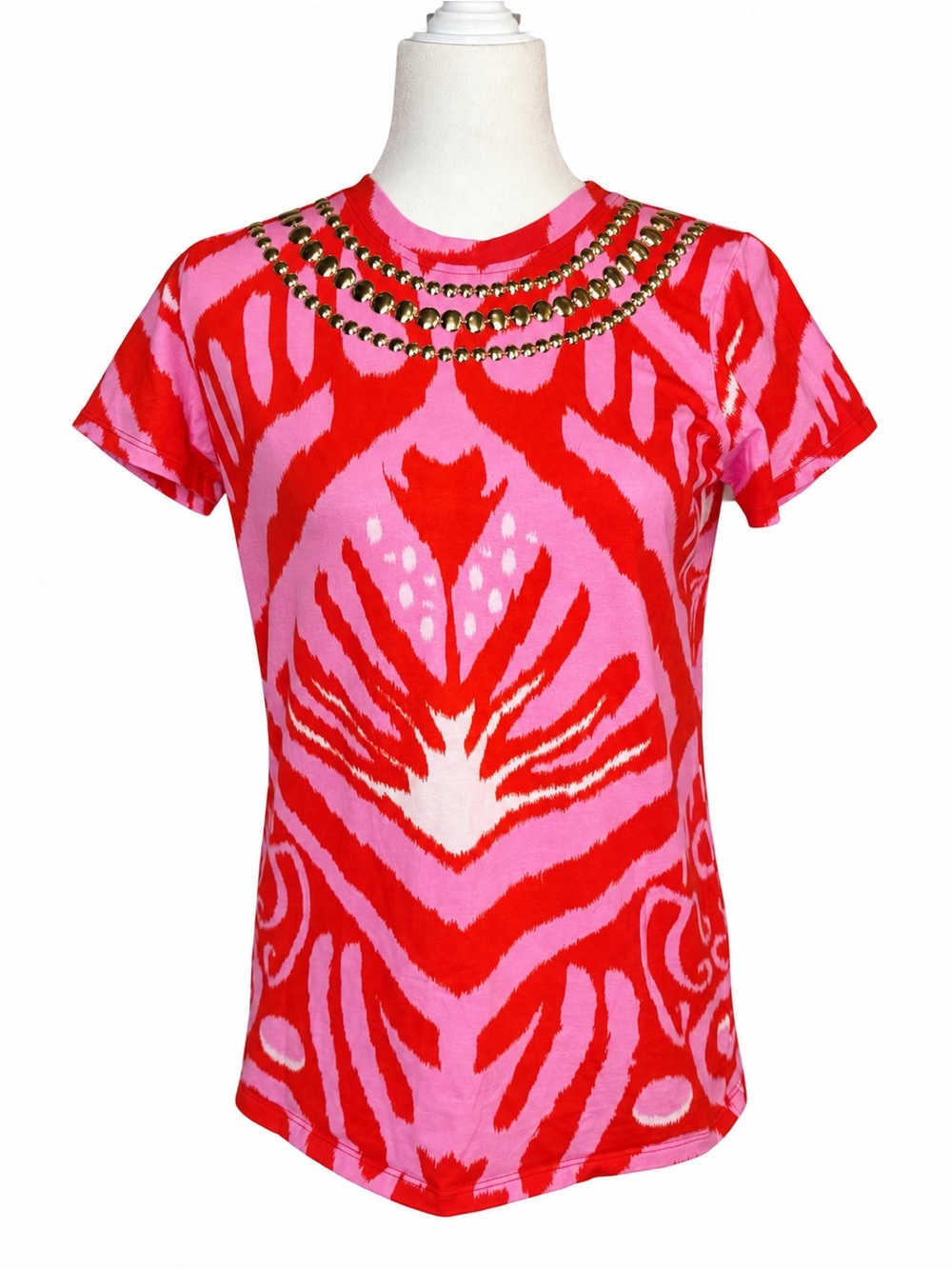 Sheridan French Pink/Red/Orange Ikat Embellished Gold Stud Top XS